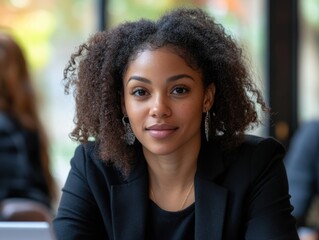 A woman with curly dark hair and brown eyes smiling while wearing a black blazer and pantsuit.