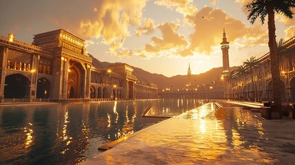 Fototapeta premium The Nabawi Mosque with its prominent dome and spacious courtyard, clear sky with sunlight shining on the building, Ai Generated Images