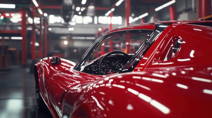 Sports Car Dashboard in Workshop with Overhead Lighting