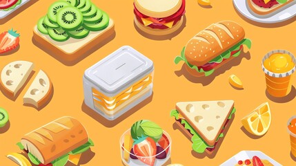 An illustration of various lunch items including sandwiches, fruit salad, and juice.