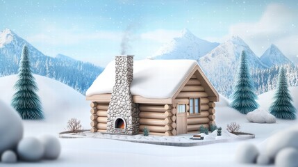 Naklejka premium A cozy log cabin with a stone chimney and a snowy mountain backdrop