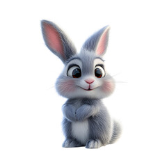 Fluffy 3D Cartoon Bunny Sitting on Black Surface Isolated on Transparent Background