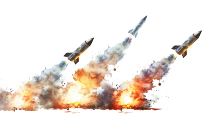 Set of rockets launching with fire and smoke, isolated on white background