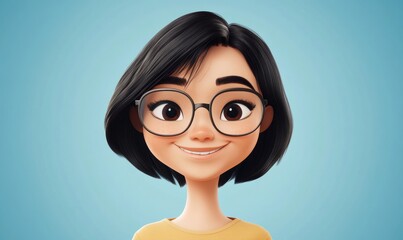 Smiling Asian cartoon woman with short black hair and glasses in a 3D style design, depicting happiness and positive emotions, ideal for concepts of youth and upbeat feelings in, Generative AI