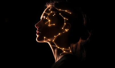 Futuristic Woman Side Portrait with Neon Network Nodes on Black Background Representing AI Technology Concept, Generative AI