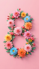 The number 8 made of bright flowers on a pink background in honor of International Women's Day, March 8.