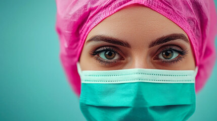 Medical worker wearing pink cap and green mask, focused expression