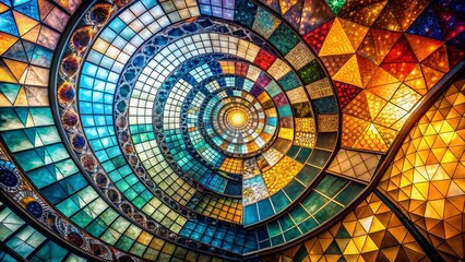 Fototapeta premium Abstract Geometric Mosaic: Floating Grids and Spirals - High-Resolution Stock Photo