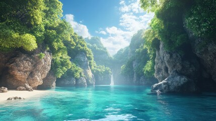Fototapeta na wymiar Tropical Lagoon Cove, Sunlight, Beach, Waterfall, Paradise