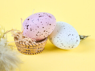 quail eggs in a nest on a bright background close-up, macro, with space for text
