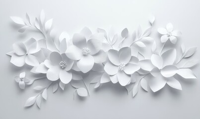 Elegant White Paper Cut Floral Origami Arrangement on Light Grey Background - Abstract Spring Blossom Art for Modern Decoration, Generative AI