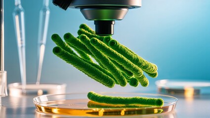 A Highly Magnified Green Rod Shaped Bacteria