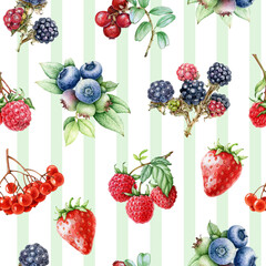 Fresh garden berries on light-green striped background seamless pattern. Hand drawn blueberry, raspberry, strawberry, blackberry berries vintage style illustration seamless pattern design element