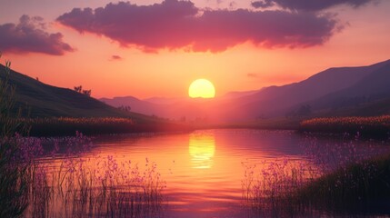 Naklejka premium Sunset over tranquil lake, mountains, wildflowers