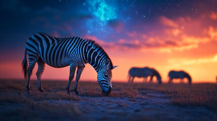 Fototapeta premium Majestic Zebra Grazing Under Starry Sky in Vibrant Sunset Landscape