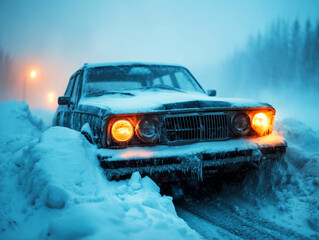 Abandoned Car in Heavy Snowfall on a Cold Winter Night with Glowing Headlights