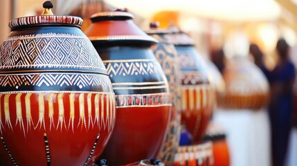 Colorful Pottery Jars at Market; shoppers blurred background; craft sale