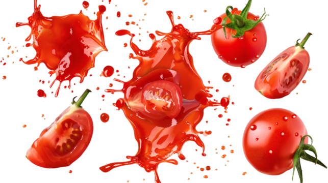 Set of red tomato ketchup splatters, isolated on white background