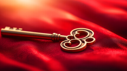 Golden Key on Red Silk Fabric with Sunlight Reflection and Romantic Theme for Love Concept