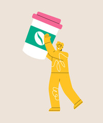 Man holding coffee huge paper cup. Colorful vector illustration