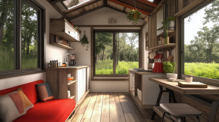 Fototapeta premium Modern Tiny house interior with natural wooden decor, emphasizing a minimalist and natural lifestyle