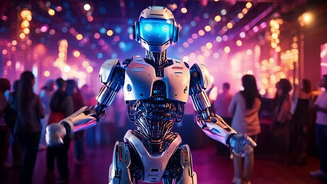 Futuristic humanoid robot dancing in nightclub. Future AI technology, artificial intelligence concept. Robotics and cybernetic systems. Generative AI