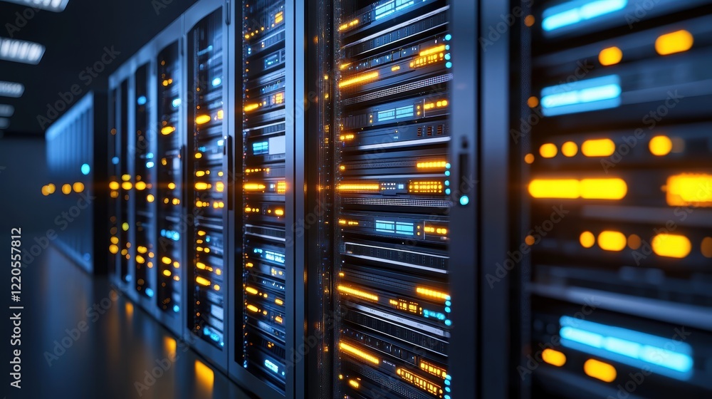 Poster A server room filled with rows of blinking LED lights on high-performance hardware