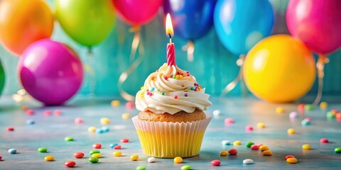 A single candle stands upright on a colorful cupcake with swirled frosting and sprinkles, surrounded by decorative candles and balloons , sweet, celebration