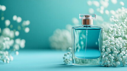 Elegant Glass Bottle of Blue Fragrance Surrounded by Delicate White Flower Blooms on Aqua Background