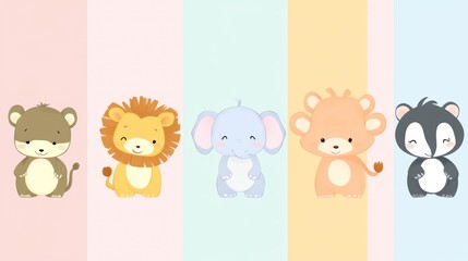 Different pastel colors of animals side by side on each side layer with adorable facial expressions, a concept of a child's world full of imagination