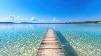 Fototapeta premium A small wooden pier extending into a crystal-clear lake under a bright summer sky