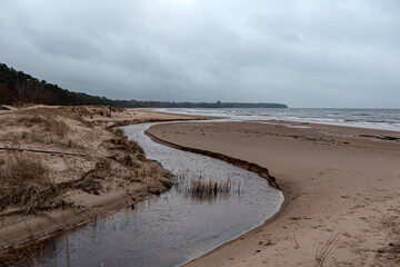 landscape with a seashore in windy weather, blurred wave tops, winter day