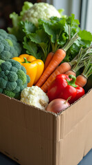 A box filled with fresh and colorful vegetables: broccoli, carrots, peppers, onions, cauliflower, cabbage, zucchini. A healthy and juicy harvest.