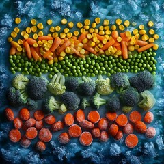An artistic flat-lay of frozen vegetables, featuring frosty broccoli, carrots, peas, and corn. A visually stunning blend of vibrant colors and icy textures.