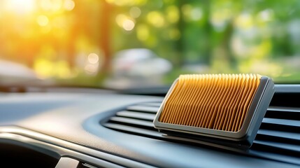 A close-up of an air filter resting on a car dashboard, illuminated by sunlight, with a blurred, green outdoor background.