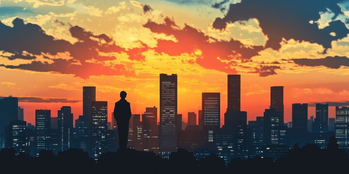 Anime cityscape sunset with towering building, vibrant clouds, and silhouetted figure, serene atmosphere and dynamic sky, Generative AI - Powered by Adobe
