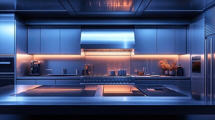 A sleek, modern kitchen with stainless steel appliances and a large island, symbolizing contemporary design, luxury living, and cooking, perfect for home decor and culinary content.