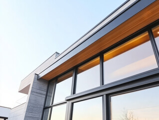 Modern architecture showcasing sleek design elements and large windows at sunset
