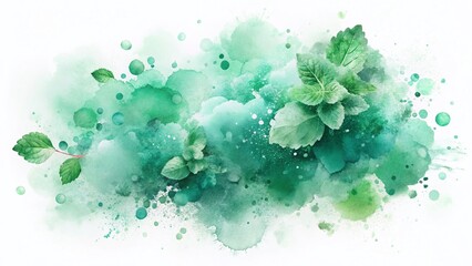 Abstract Mint Green Watercolor Splashes: Pastel Green Ink Paint Brush Stains on White Background