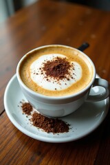 Foamy coffee surface with a sprinkle of dark chocolate shavings on a wooden table, breakfast, creamy