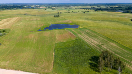 Naklejka premium Aerial View of Green Fields with Pond