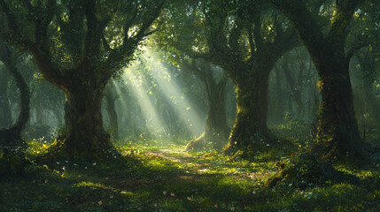 Obraz premium Magical Sunlit Forest Path Mystical Green Trees Nature Scene art calm dark mood woods light leaves 