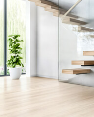 Modern interior with stylish staircase and indoor plant in a bright space