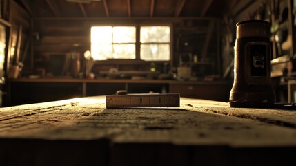 Obraz premium Sunlight in Workshop with Wooden Table and Ruler