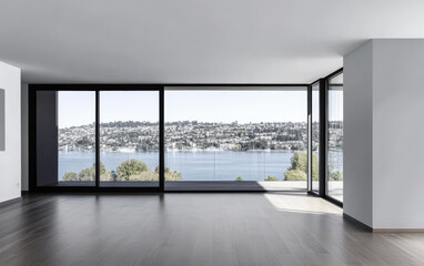 Fototapeta premium Modern interior with stunning waterfront view in Seattle during daylight hours