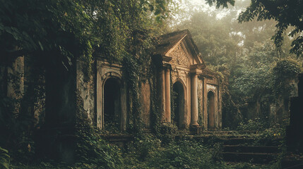 Obraz premium Overgrown Ancient Ruins Mysterious Stone Structure Enigmatic Forest Temple Lush Greenery Vintage 