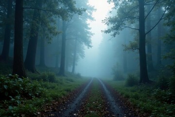 Obraz premium Fog creeps over the ground and shrouds a forest path, fog, atmosphere