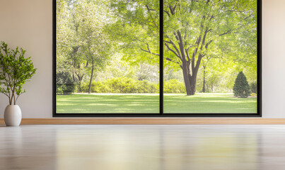 Obraz premium Bright and airy living space with large windows overlooking a lush green landscape