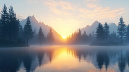 Sunrise Mountain Lake Foggy Forest Calm Peaceful