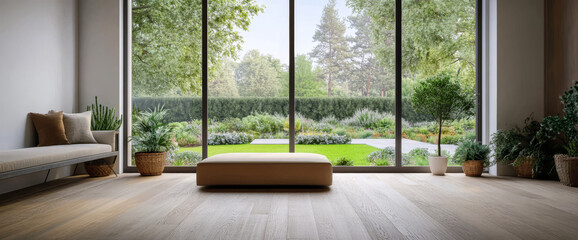 Modern minimalistic interior with large windows showcasing a lush garden view